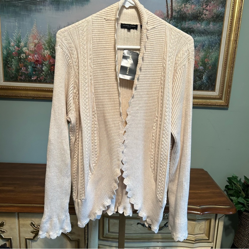 Jeanne Pierre Cream Open Front Scallop Edge Cardigan Sweater NEW NWT